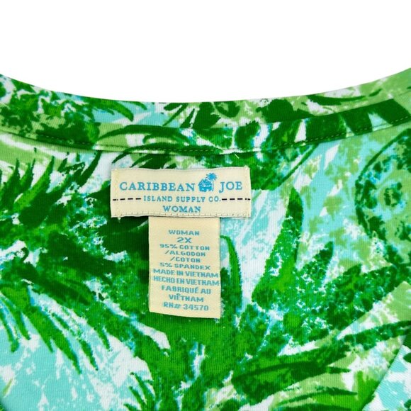 Caribbean Joe Womens 2X Green Leaf Print Top Shirt Cotton/Spandex Short Sleeve - Picture 2 of 12